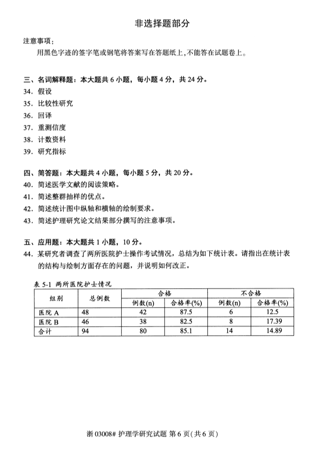 2019年10月自考03008护理学研究真题