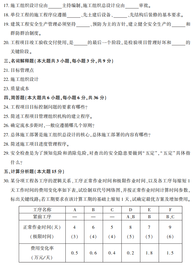 2017年10月自考02658建筑工程项目管理真题